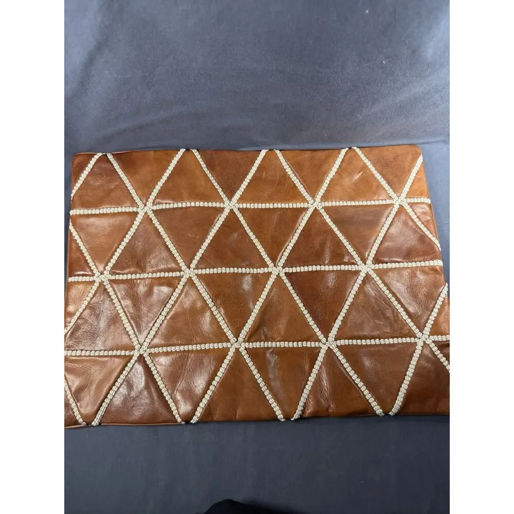 Vintage Leather Pillow Cover 14x20 Brown With White Stitching